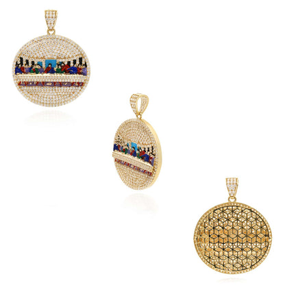 14K Real Gold 4CTW CZ Round Last Supper Pendant 1.77"