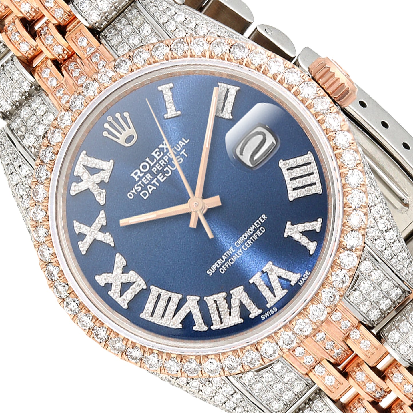 Rolex Datejust 12Ctw Natural Diamond Stainless Steel Rose Blue Sapphire Watch 36mm