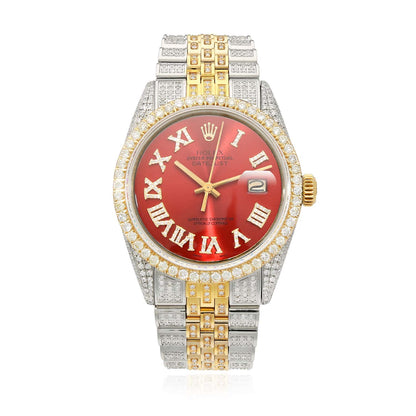 Rolex Datejust Custom Iced Ruby Red Roman Diamond Dial Jubilee Band 36mm Watch