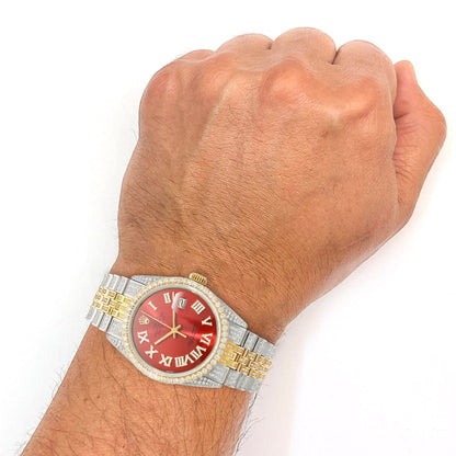 Rolex Datejust Custom Iced Ruby Red Roman Diamond Dial Jubilee Band 36mm Watch