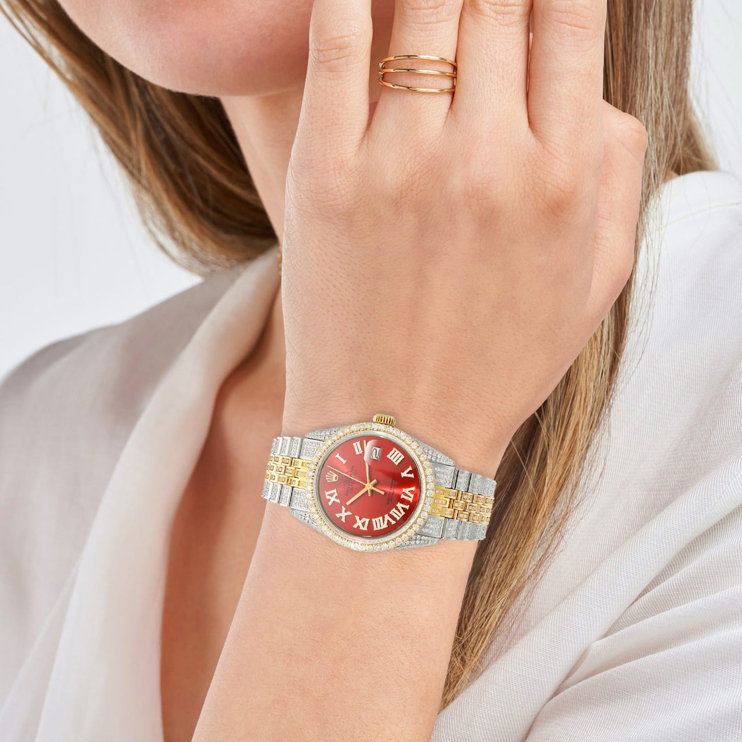 Rolex Datejust Custom Iced Ruby Red Roman Diamond Dial Jubilee Band 36mm Watch