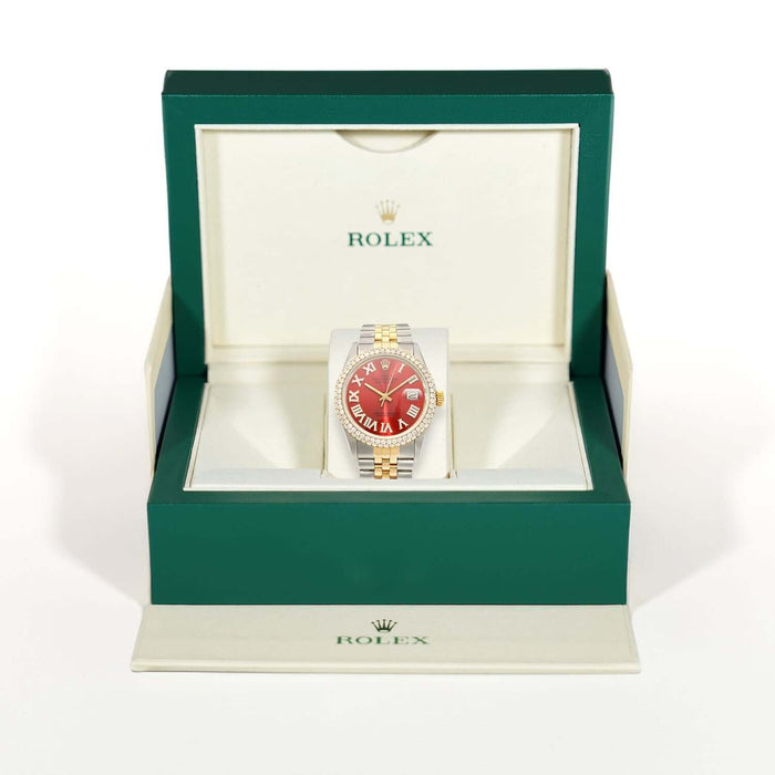 Rolex Datejust Jubilee Band Custom Diamond Bezel Ruby Red Dial 36mm Watch - WJD Exclusives