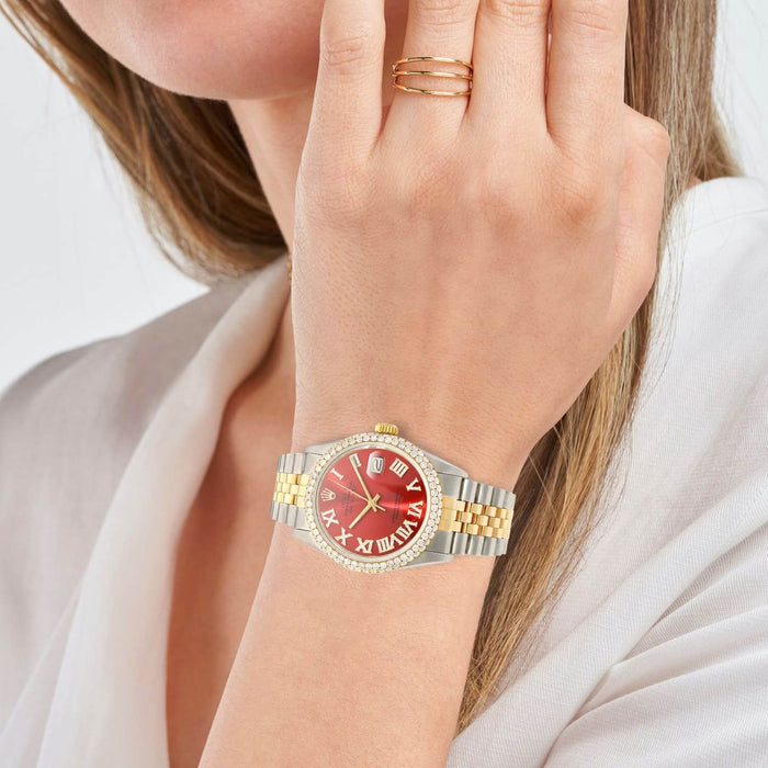Rolex Datejust Jubilee Band Custom Diamond Bezel Ruby Red Dial 36mm Watch - WJD Exclusives