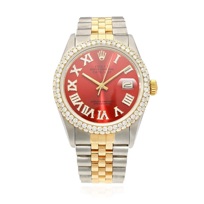 Rolex Datejust Jubilee Band Custom Diamond Bezel Ruby Red Dial 36mm Watch - WJD Exclusives