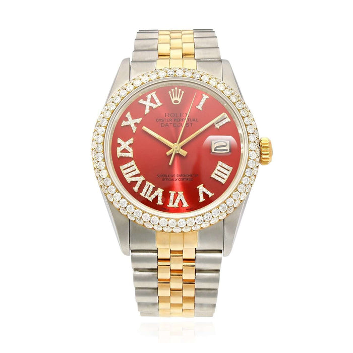 Rolex Datejust Jubilee Band Custom Diamond Bezel Ruby Red Dial 36mm Watch - WJD Exclusives