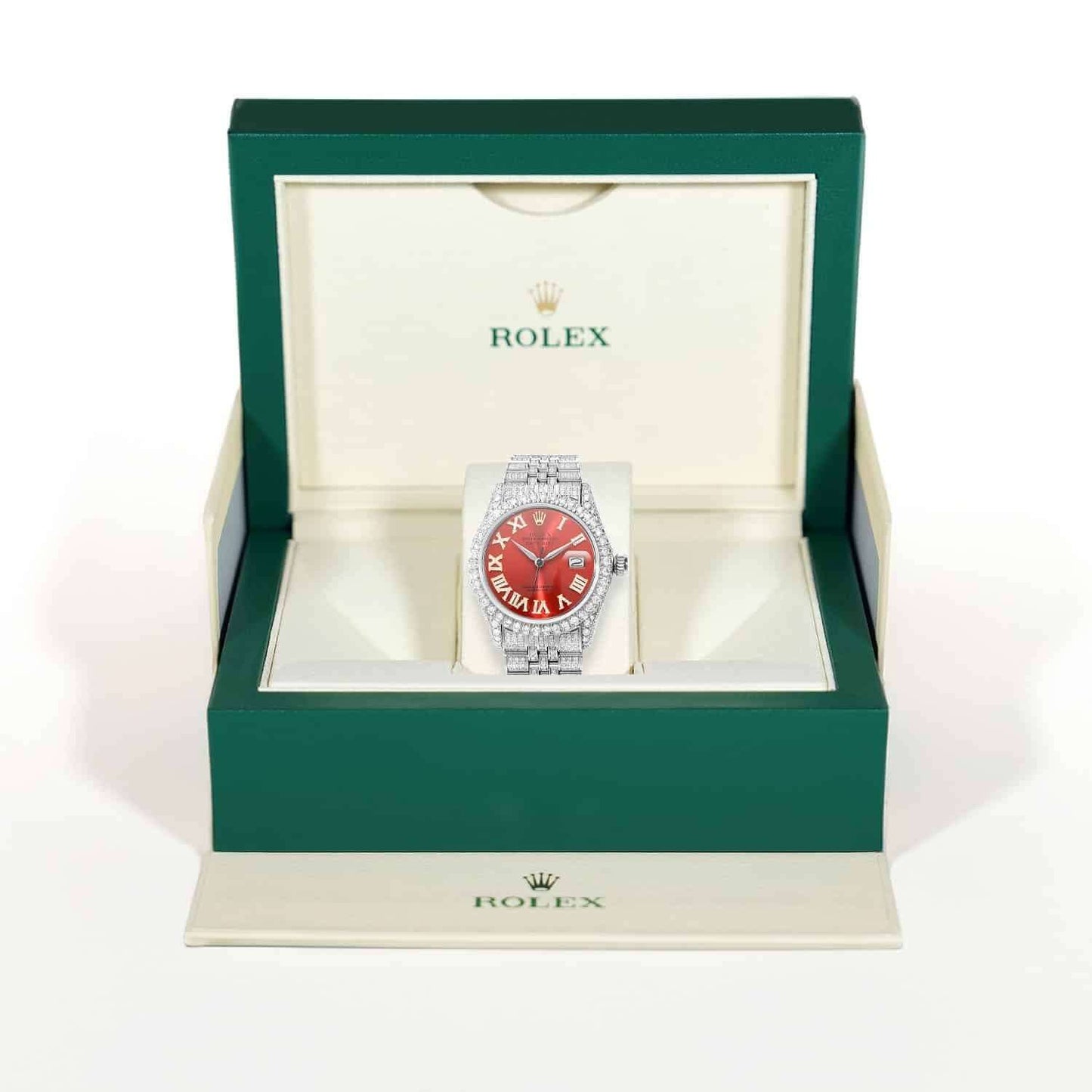 Rolex Datejust Custom Diamond Pave Jubilee Band Red Ruby Dial Bezel 36mm Watch