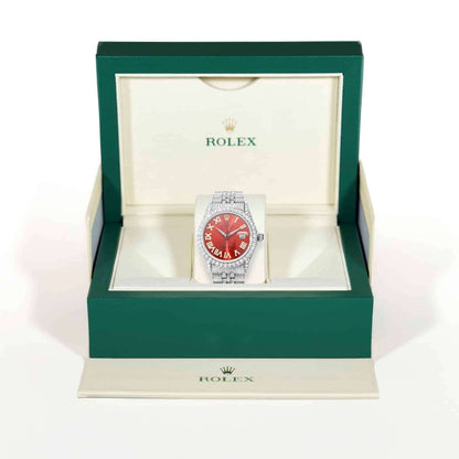 Rolex Datejust Custom Diamond Pave Jubilee Band Red Ruby Dial Bezel 36mm Watch