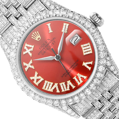 Rolex Datejust Custom Diamond Pave Jubilee Band Red Ruby Dial Bezel 36mm Watch