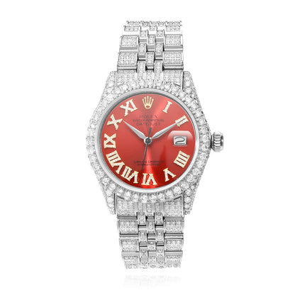 Rolex Datejust Custom Diamond Pave Jubilee Band Red Ruby Dial Bezel 36mm Watch