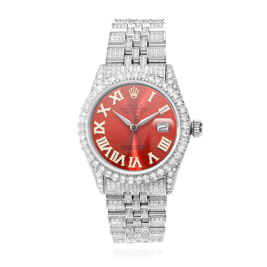 Rolex Datejust Custom Diamond Pave Jubilee Band Red Ruby Dial Bezel 36mm Watch