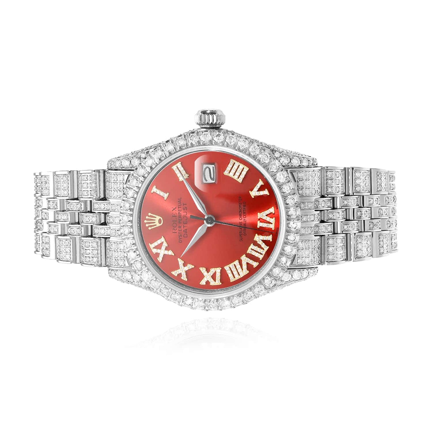 Rolex Datejust Custom Diamond Pave Jubilee Band Red Ruby Dial Bezel 36mm Watch