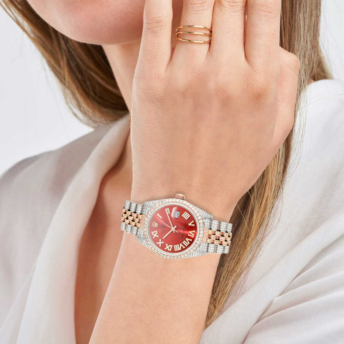 Rolex Datejust 12CTW Natural Diamond Stainless Steel Rose Ruby Red Watch 36mm - WJD Exclusives
