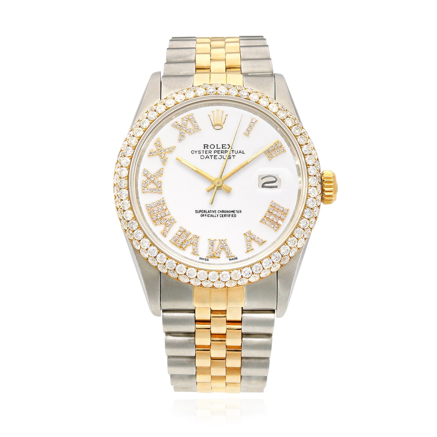 Rolex Datejust Jubilee Band Custom Diamond Bezel Yellow White Dial 36mm Watch