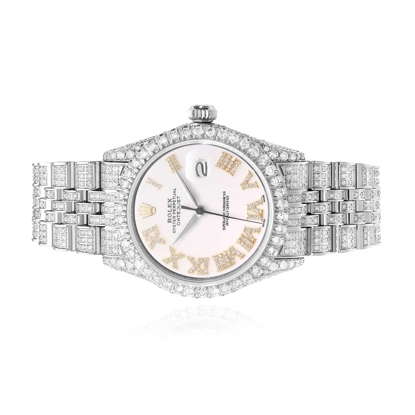 Rolex Datejust Custom Diamond Pave Jubilee Diamond Bezel White Yellow 36mm Watch