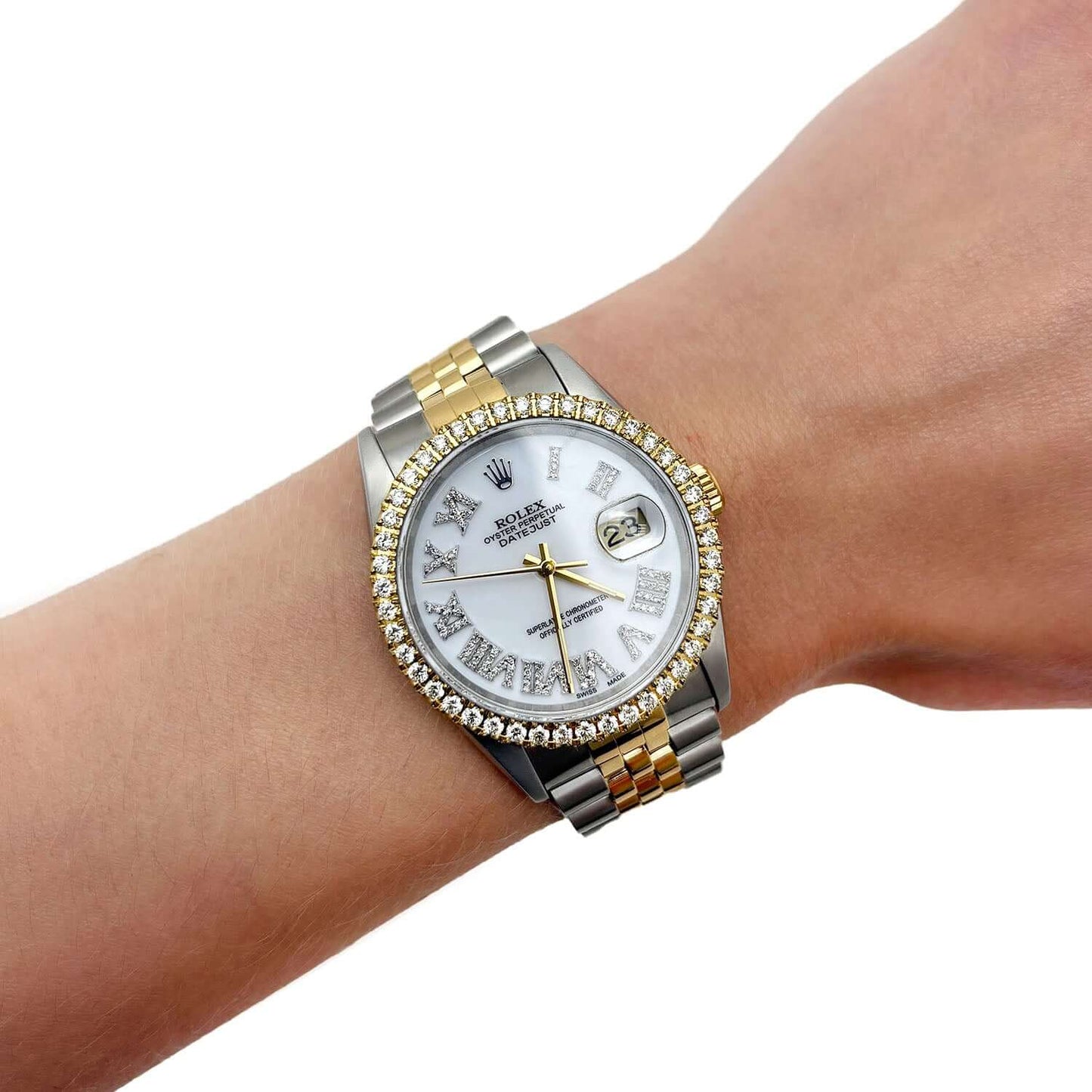 Rolex Datejust Jubilee Band Custom White on White Diamond Bezel Dial 36mm Watch