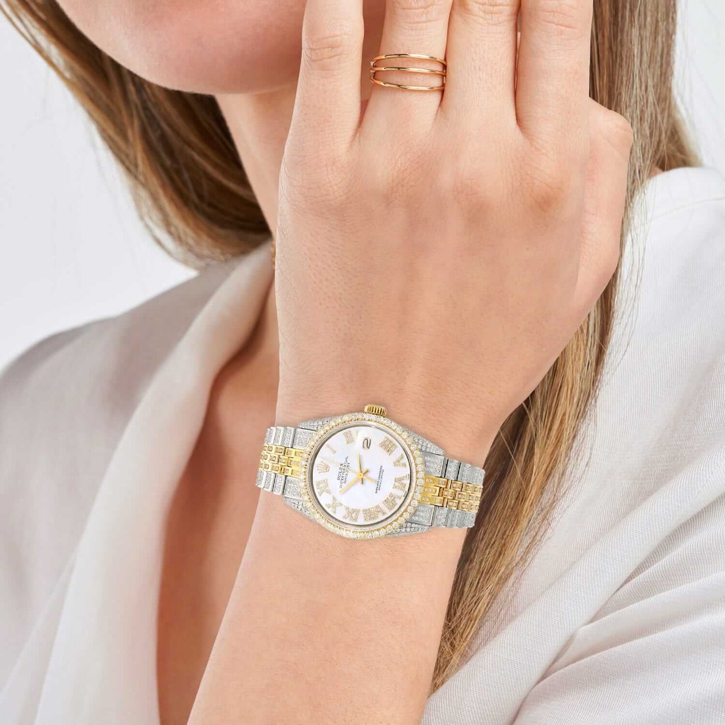 Rolex Datejust Custom Iced White Roman Diamond MOP Gold Jubilee Band 36mm Watch