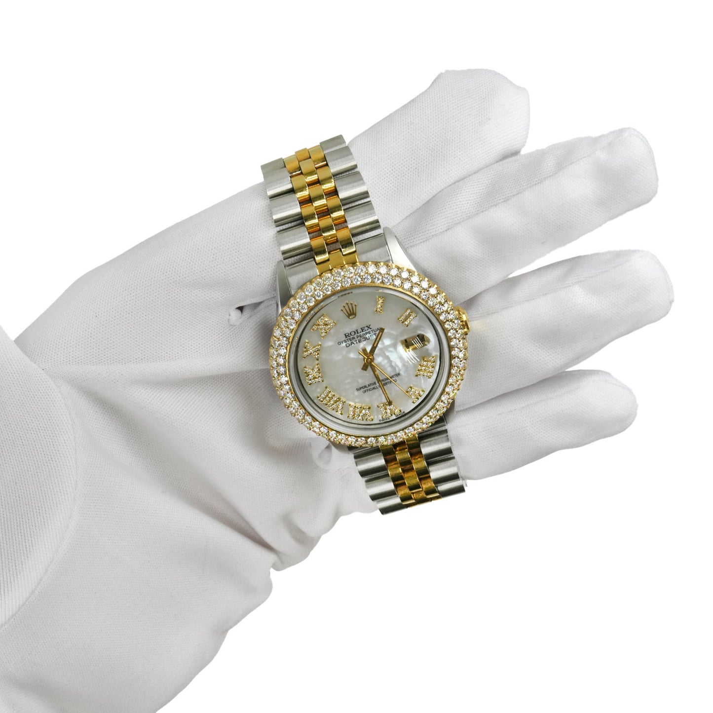 36mm Rolex Datejust Jubilee Band Custom Diamond Bezel White Gold Dial Watch