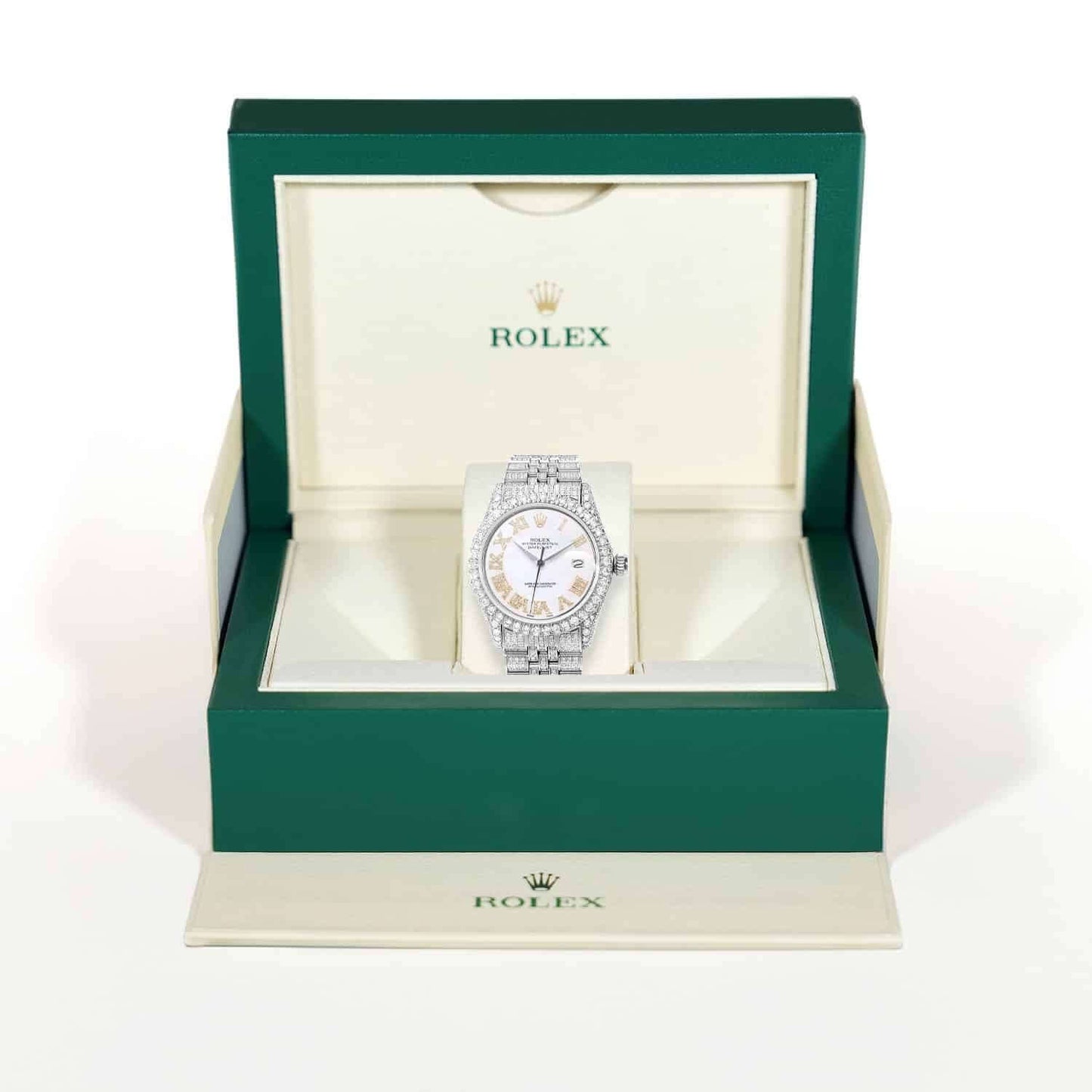 Rolex Datejust Custom Diamond Pave Jubilee Band Pearl Gold Dial Bezel 36mm Watch