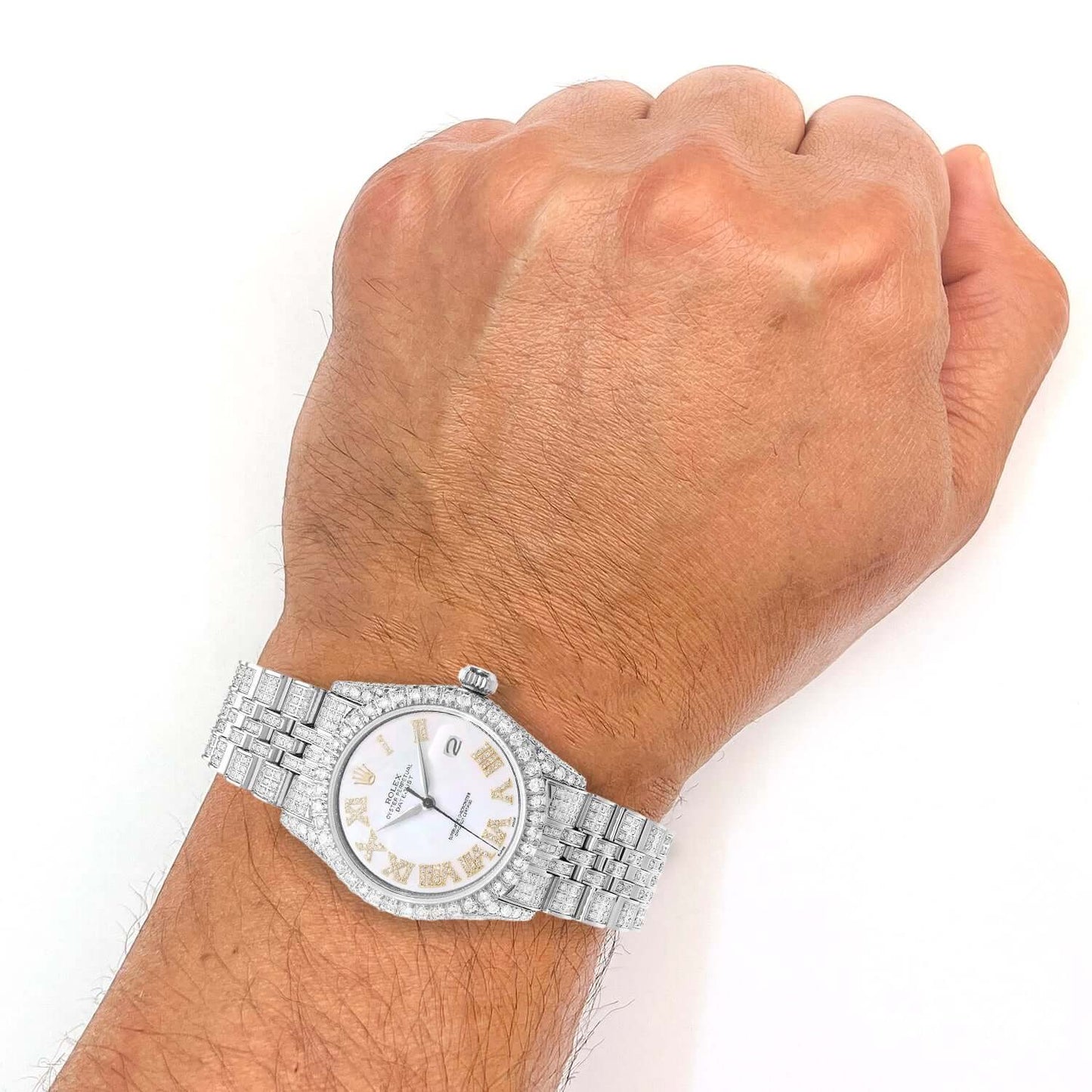 Rolex Datejust Custom Diamond Pave Jubilee Band Pearl Gold Dial Bezel 36mm Watch
