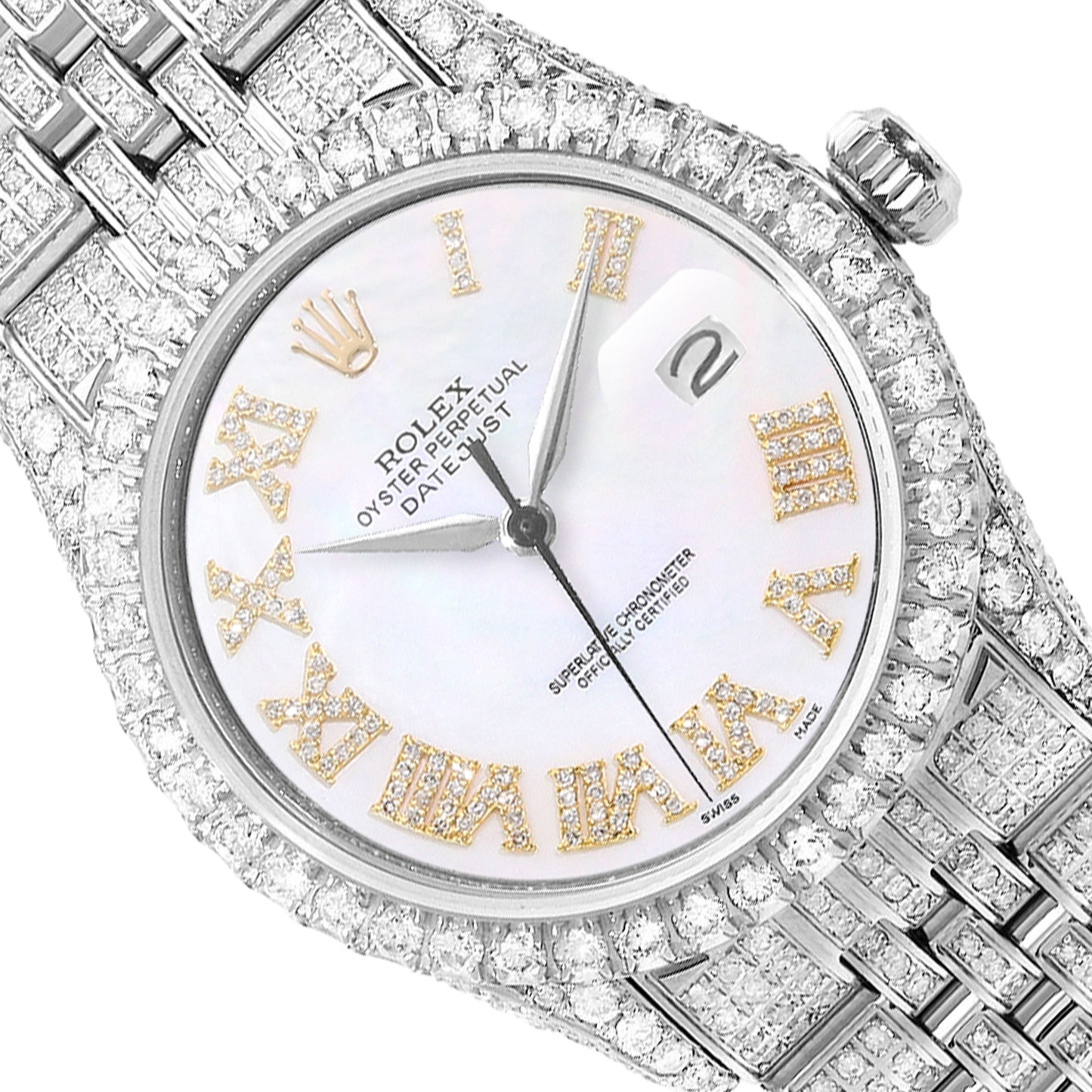 Rolex Datejust Custom Diamond Pave Jubilee Band Pearl Gold Dial Bezel 36mm Watch