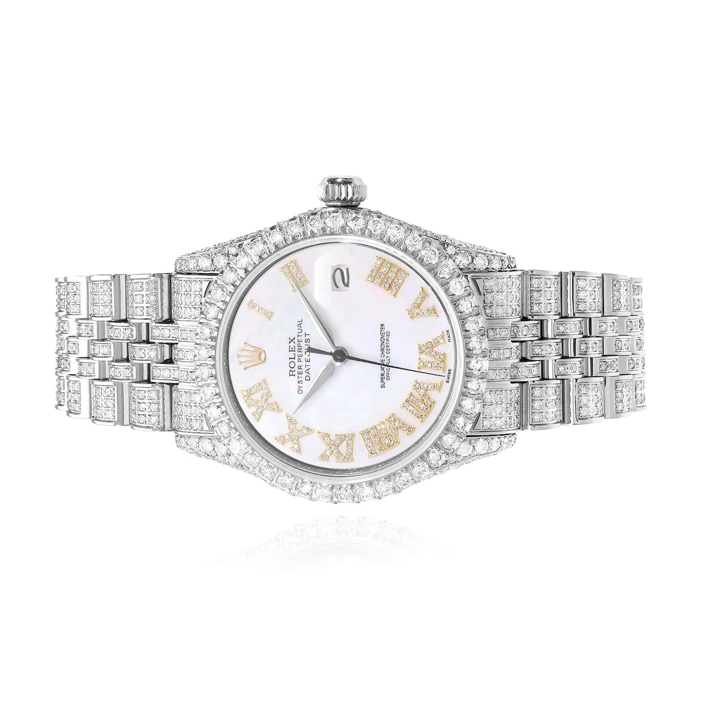 Rolex Datejust Custom Diamond Pave Jubilee Band Pearl Gold Dial Bezel 36mm Watch