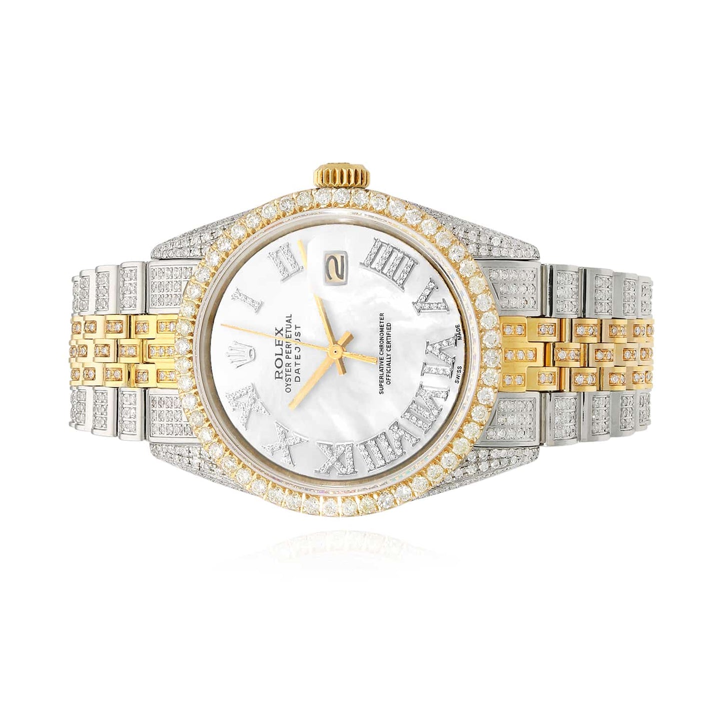 Rolex Datejust Custom Iced White Roman Diamond Dial MOP Jubilee Band 36mm Watch
