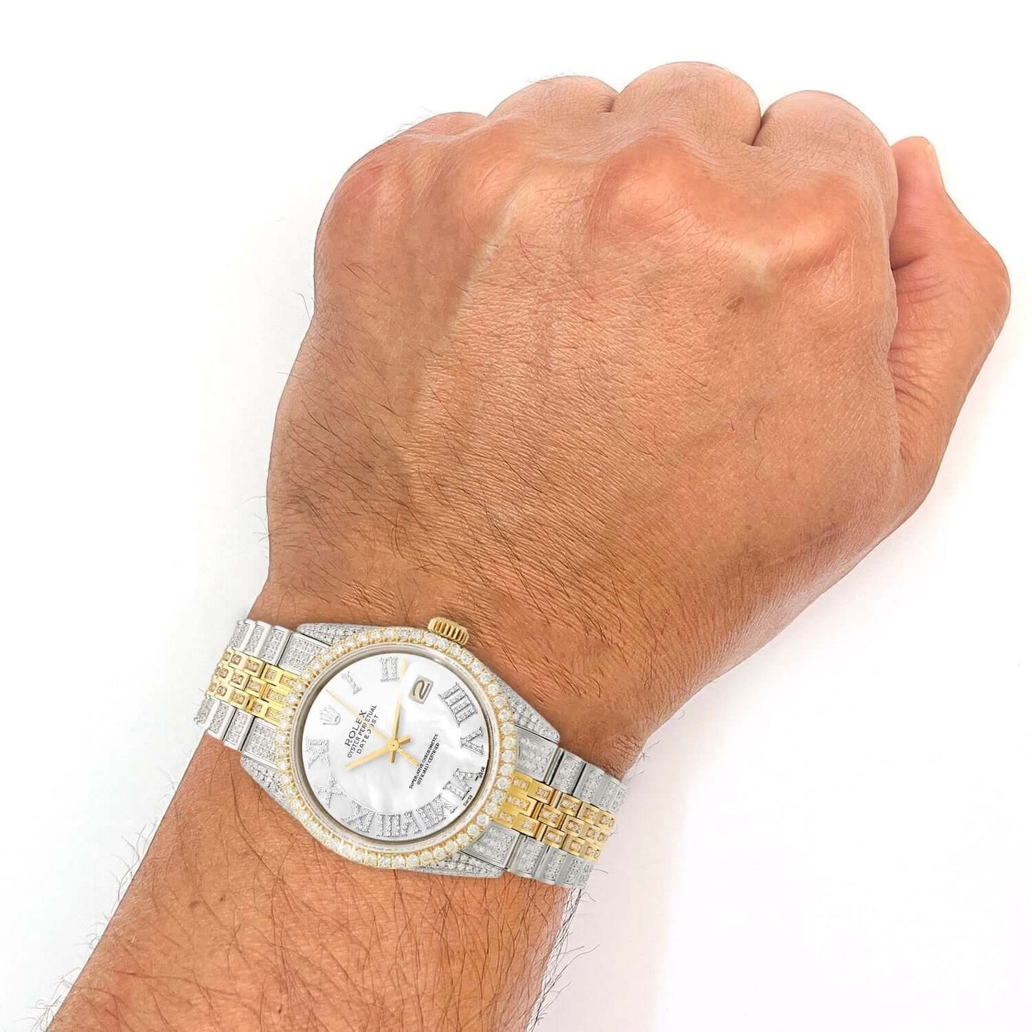 Rolex Datejust Custom Iced White Roman Diamond Dial MOP Jubilee Band 36mm Watch