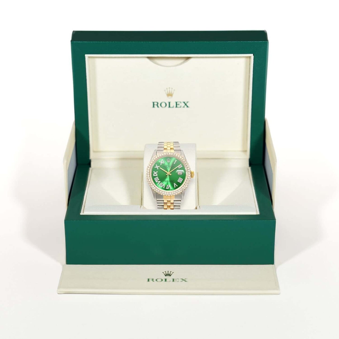 Rolex Datejust Jubilee Band Custom Diamond Bezel Green Emerald Dial 36mm Watch