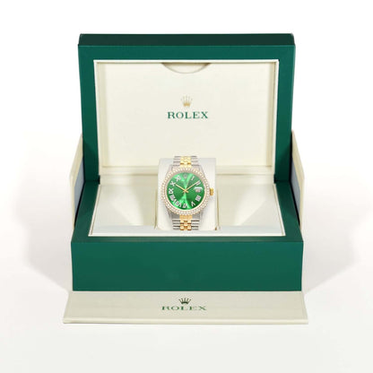 Rolex Datejust Jubilee Band Custom Diamond Bezel Green Emerald Dial 36mm Watch