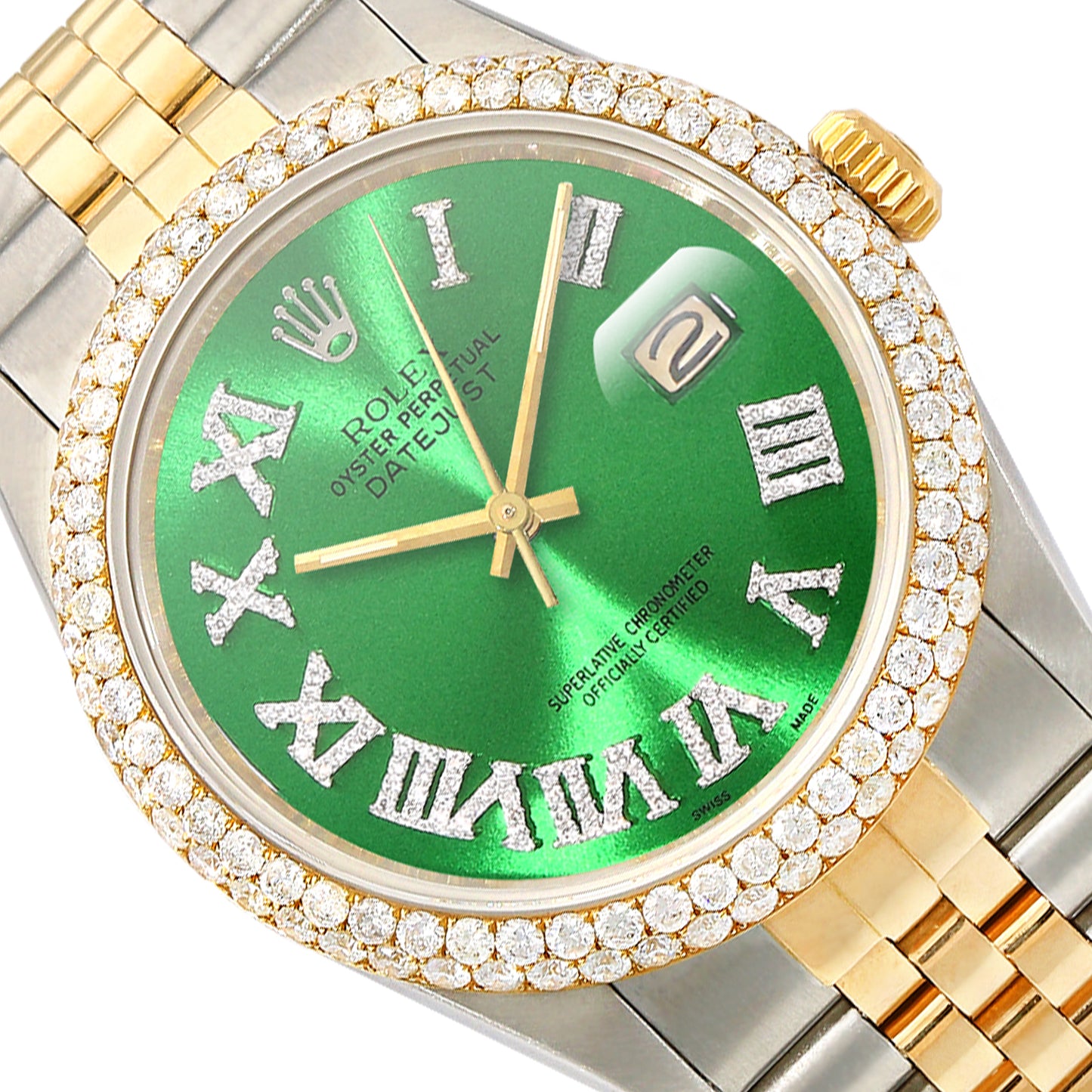 Rolex Datejust Jubilee Band Custom Diamond Bezel Green Emerald Dial 36mm Watch