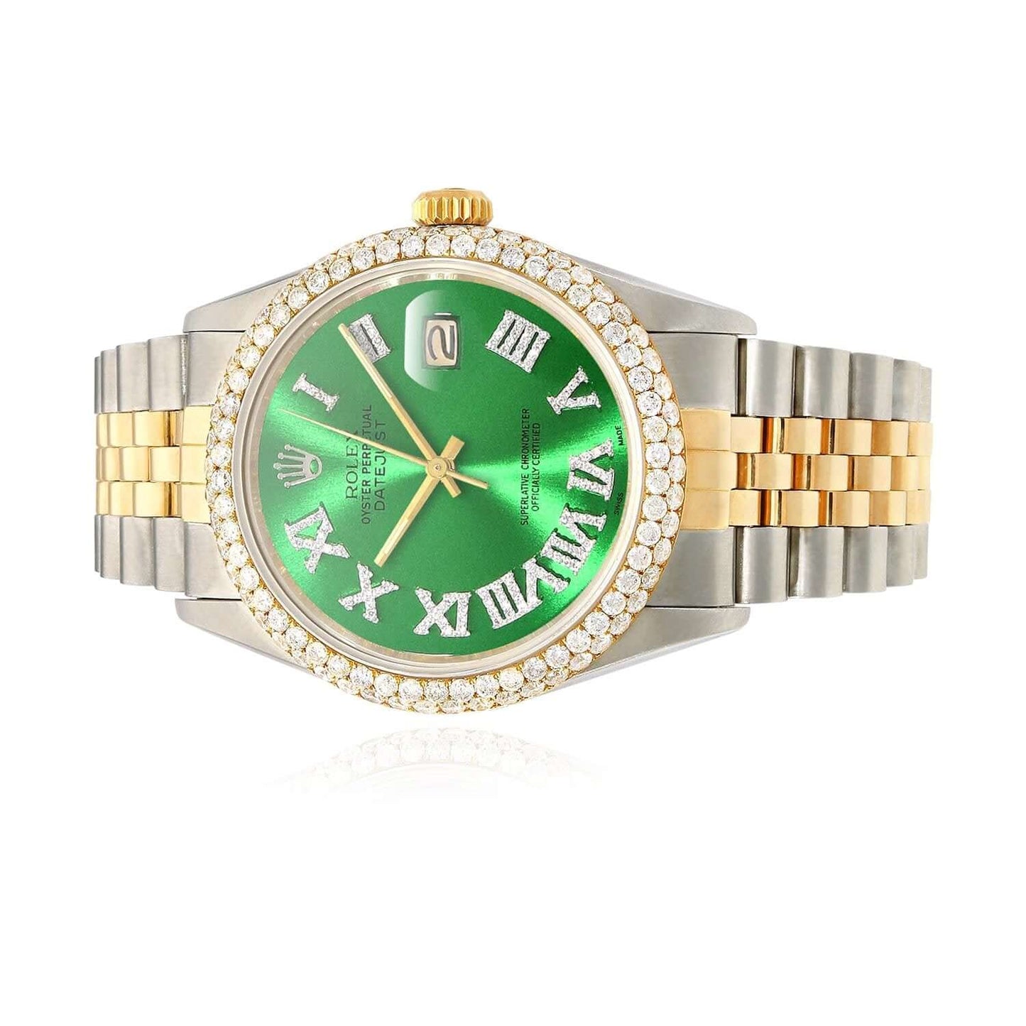 Rolex Datejust Jubilee Band Custom Diamond Bezel Green Emerald Dial 36mm Watch