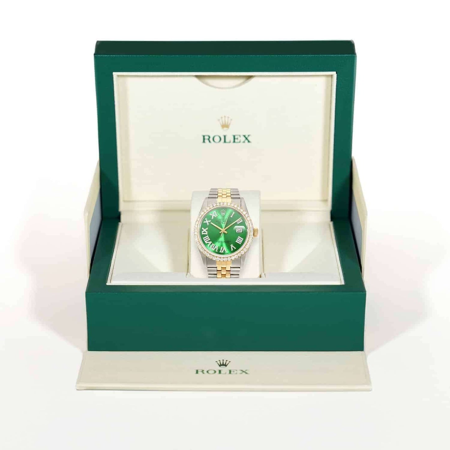 Rolex Datejust Jubilee 4.5Ct Real Diamond Bezel Green Emerald Dial 36mm Watch
