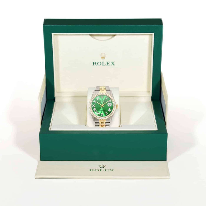 Rolex Datejust Jubilee 4.5Ct Natural Diamond Bezel Green Emerald Dial 36mm Watch - WJD Exclusives