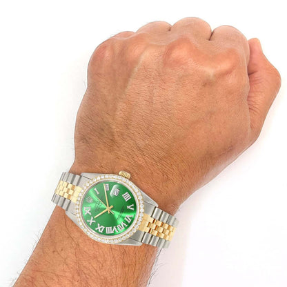 Rolex Datejust Jubilee 4.5Ct Real Diamond Bezel Green Emerald Dial 36mm Watch