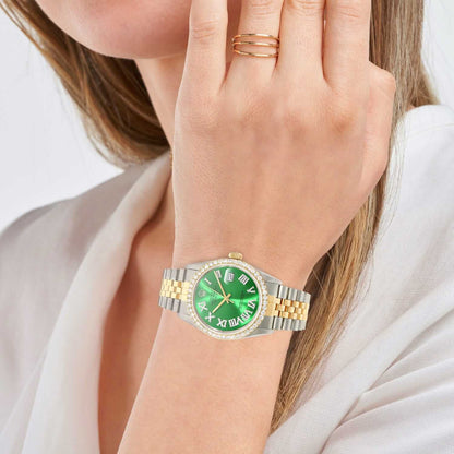 Rolex Datejust Jubilee 4.5Ct Real Diamond Bezel Green Emerald Dial 36mm Watch