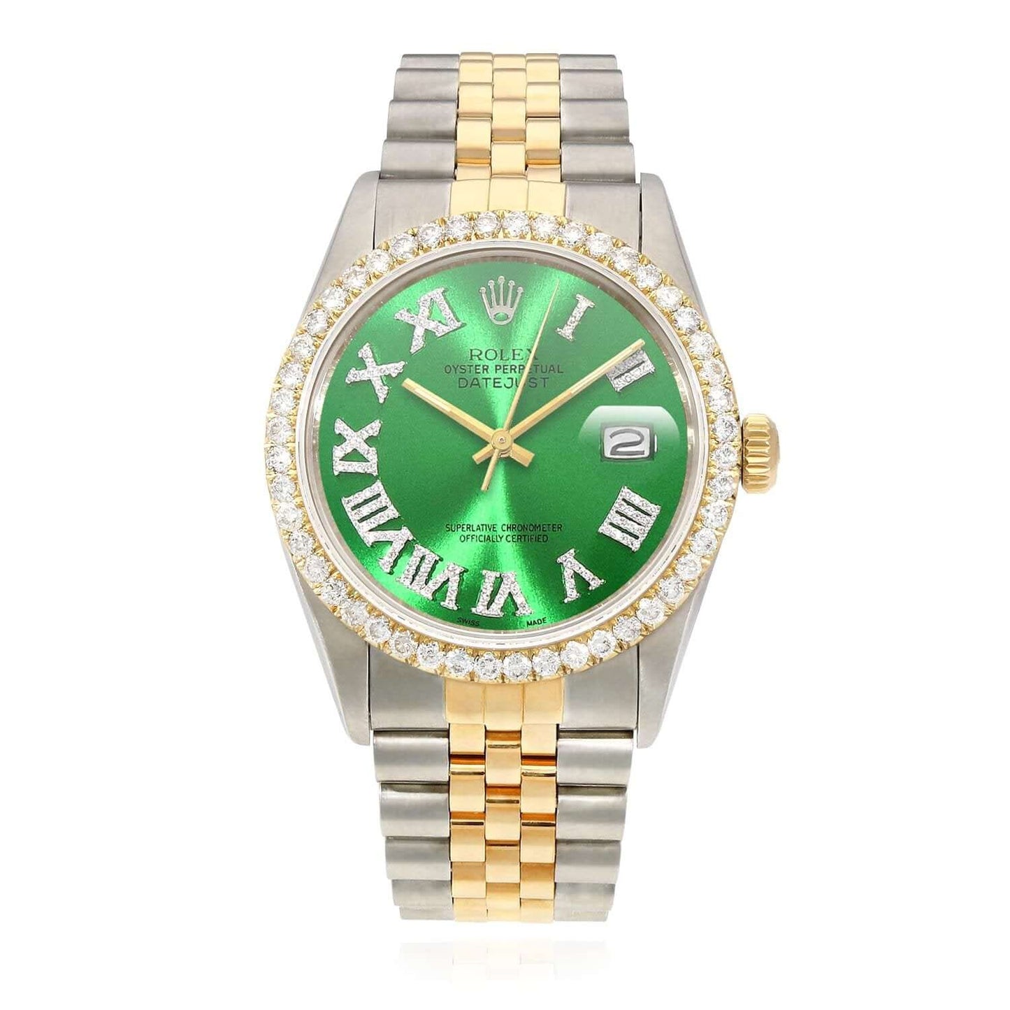 Rolex Datejust Jubilee 4.5Ct Real Diamond Bezel Green Emerald Dial 36mm Watch