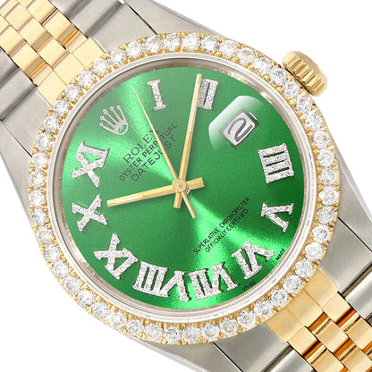 Rolex Datejust Jubilee 4.5Ct Natural Diamond Bezel Green Emerald Dial 36mm Watch