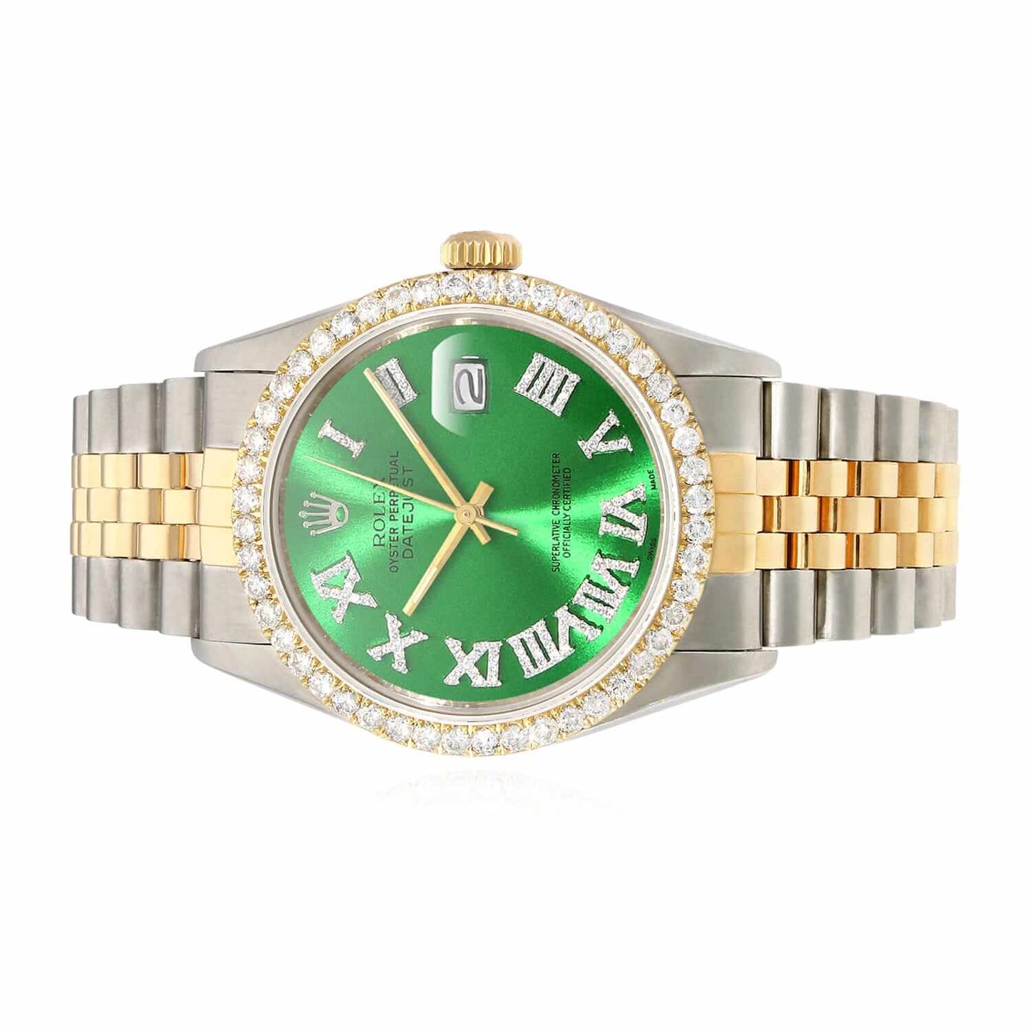 Rolex Datejust Jubilee 4.5Ct Real Diamond Bezel Green Emerald Dial 36mm Watch