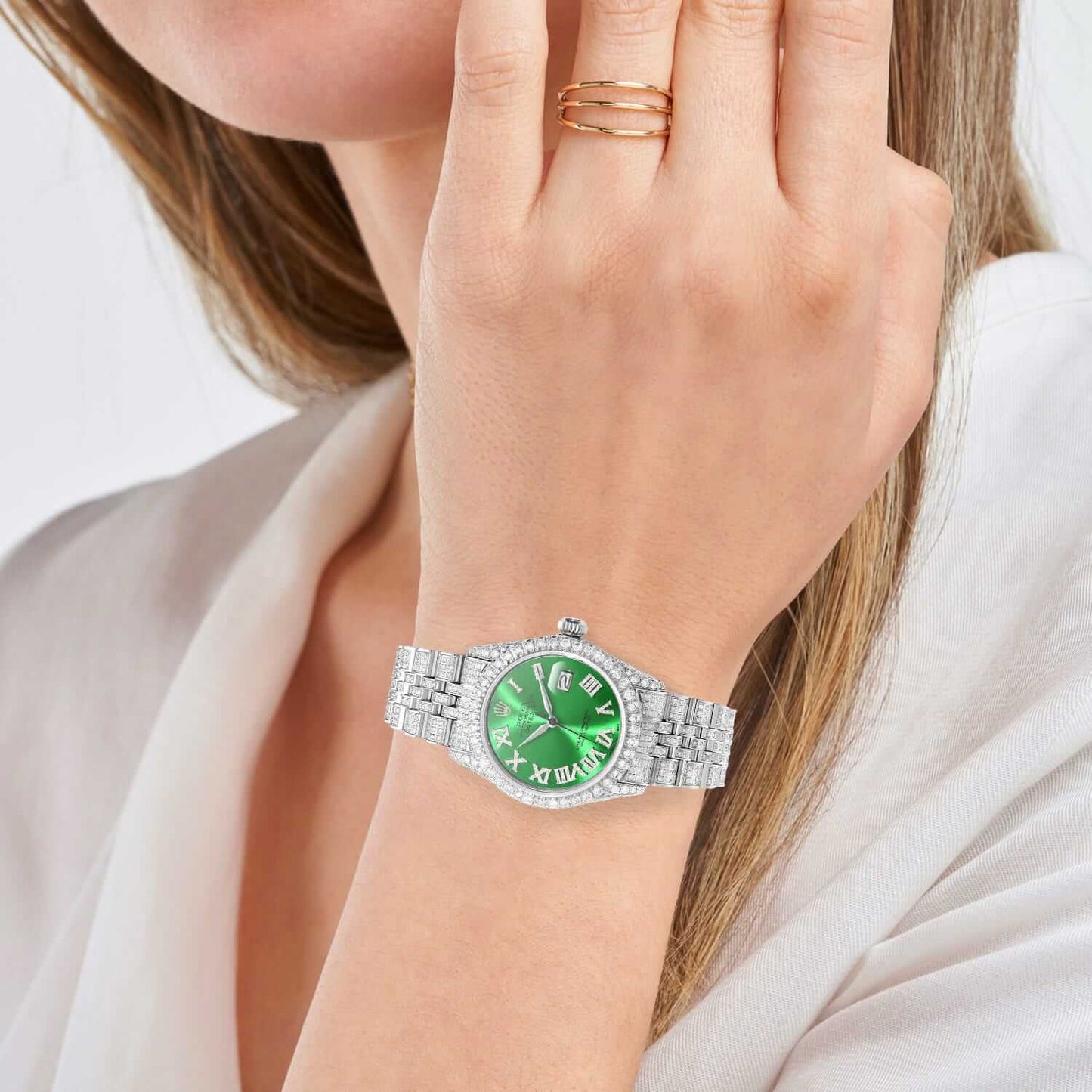 Rolex Datejust Diamond Jubilee Band Diamond Green Emerald Dial Bezel 36mm Watch