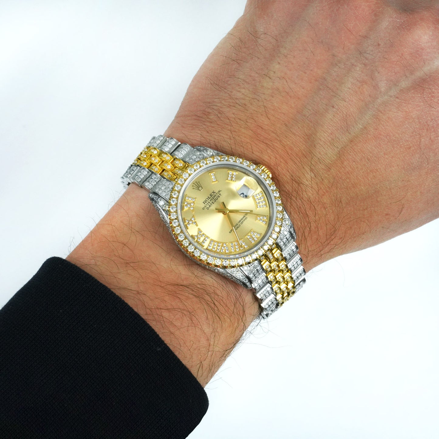 36mm Rolex Datejust 16013 Custom Iced Gold Roman Diamond Dial Jubilee Band Watch