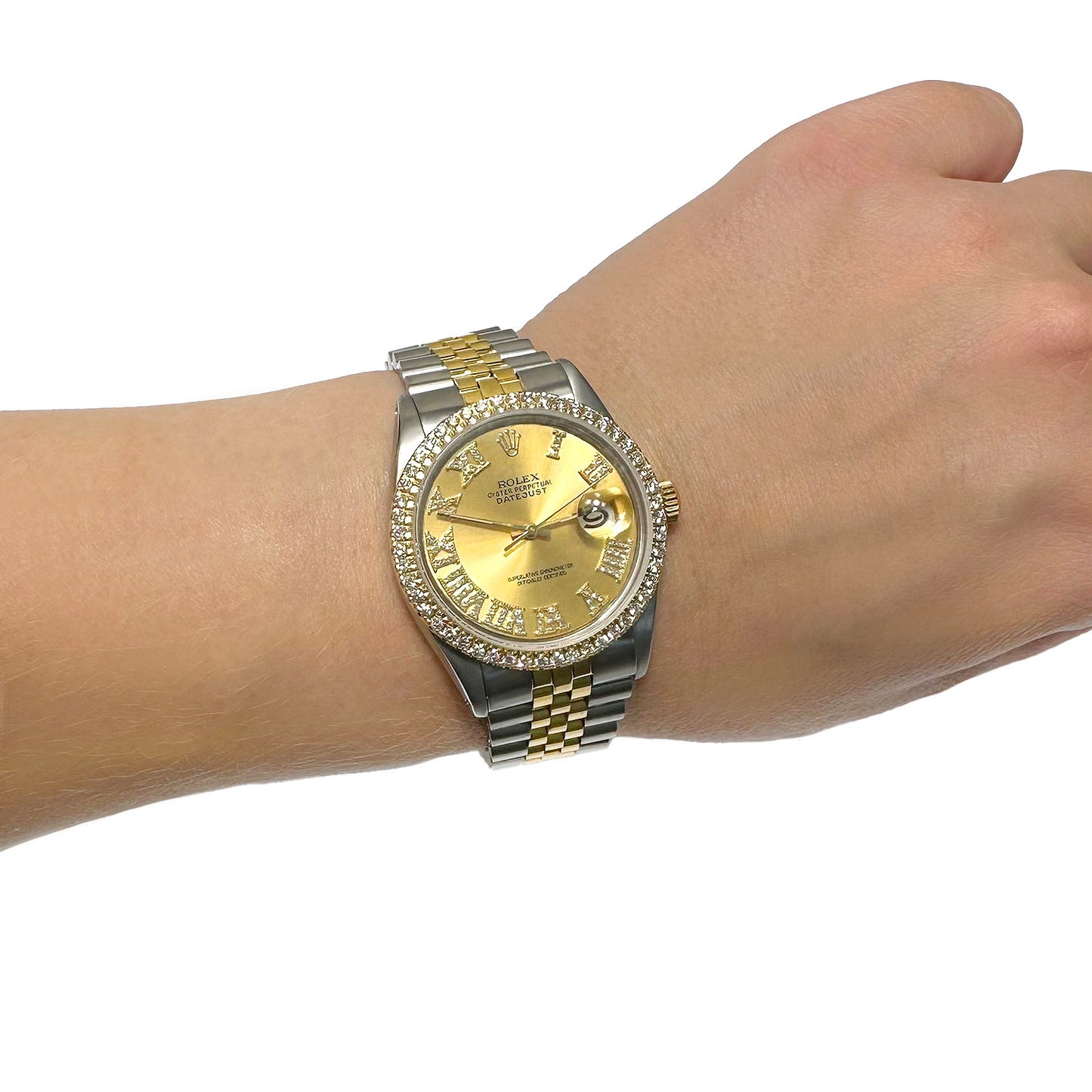 Rolex Datejust Jubilee 36mm Gold Dial 4.50Ct Diamond Bezel Watch