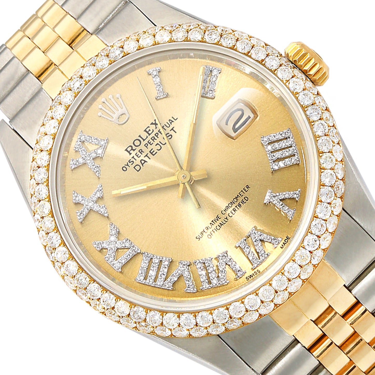 Rolex Datejust Jubilee Band Custom Diamond Bezel Gold & White Dial 36mm Watch