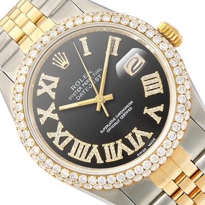 36mm Rolex Datejust Jubilee Band Custom Diamond Bezel Black Dial Watch