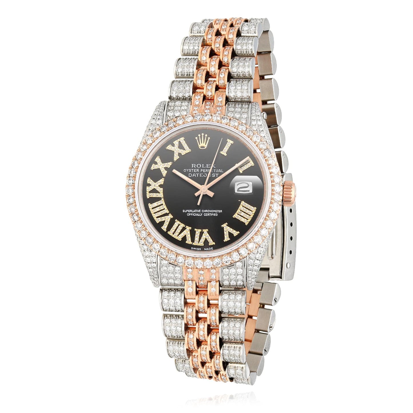 Rolex Datejust Real Diamond Stainless Steel White Rose Black Dial Watch 36mm