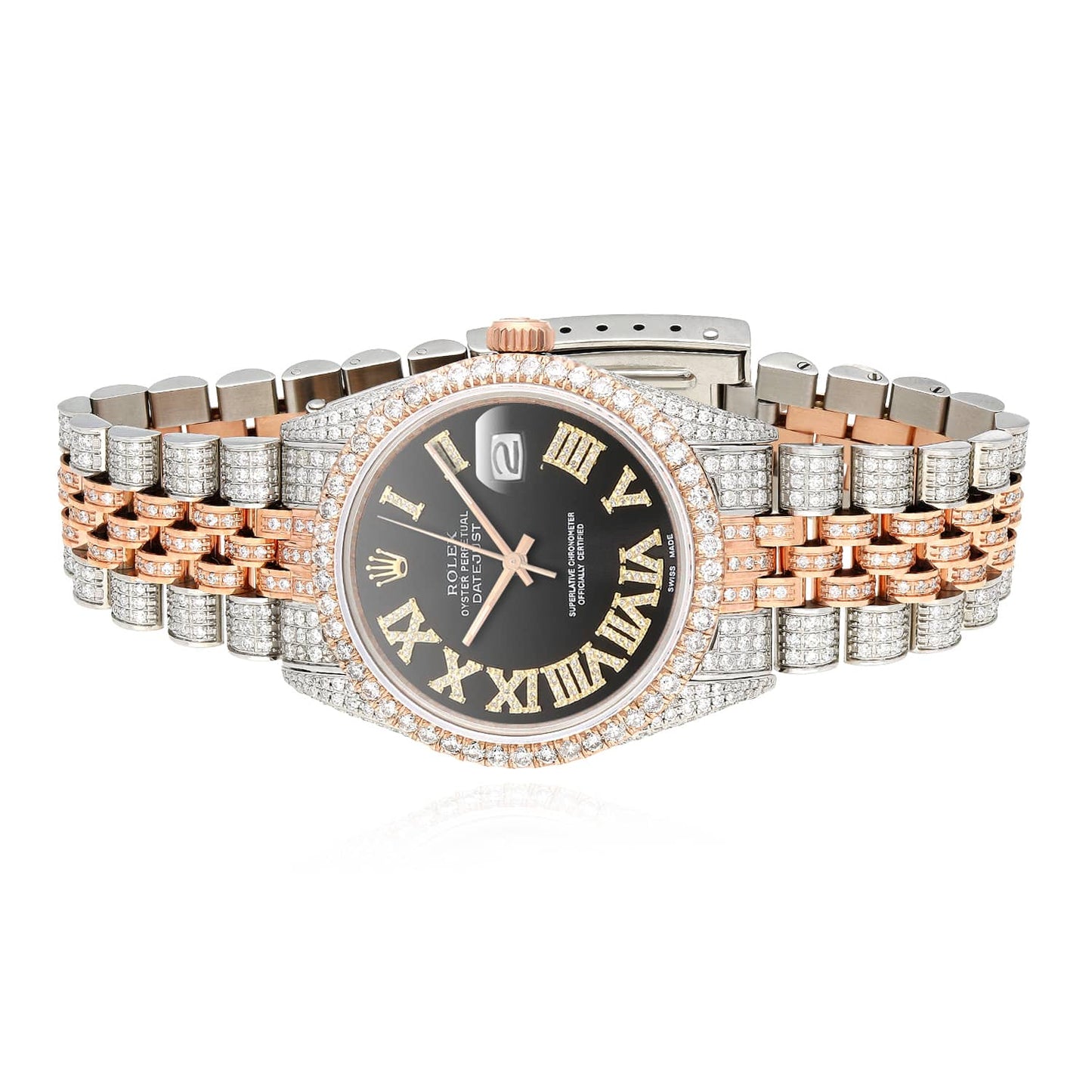 Rolex Datejust Real Diamond Stainless Steel White Rose Black Dial Watch 36mm