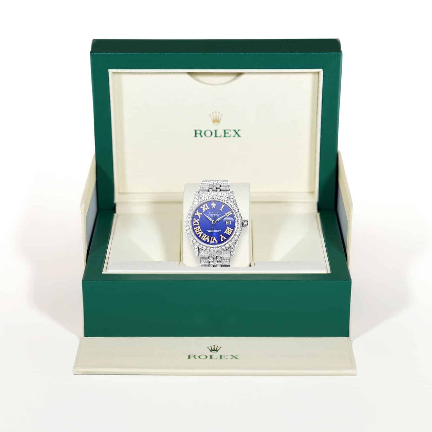 Rolex Datejust Real Diamond Pave Jubilee Band Bezel Blue Dial 36mm Watch