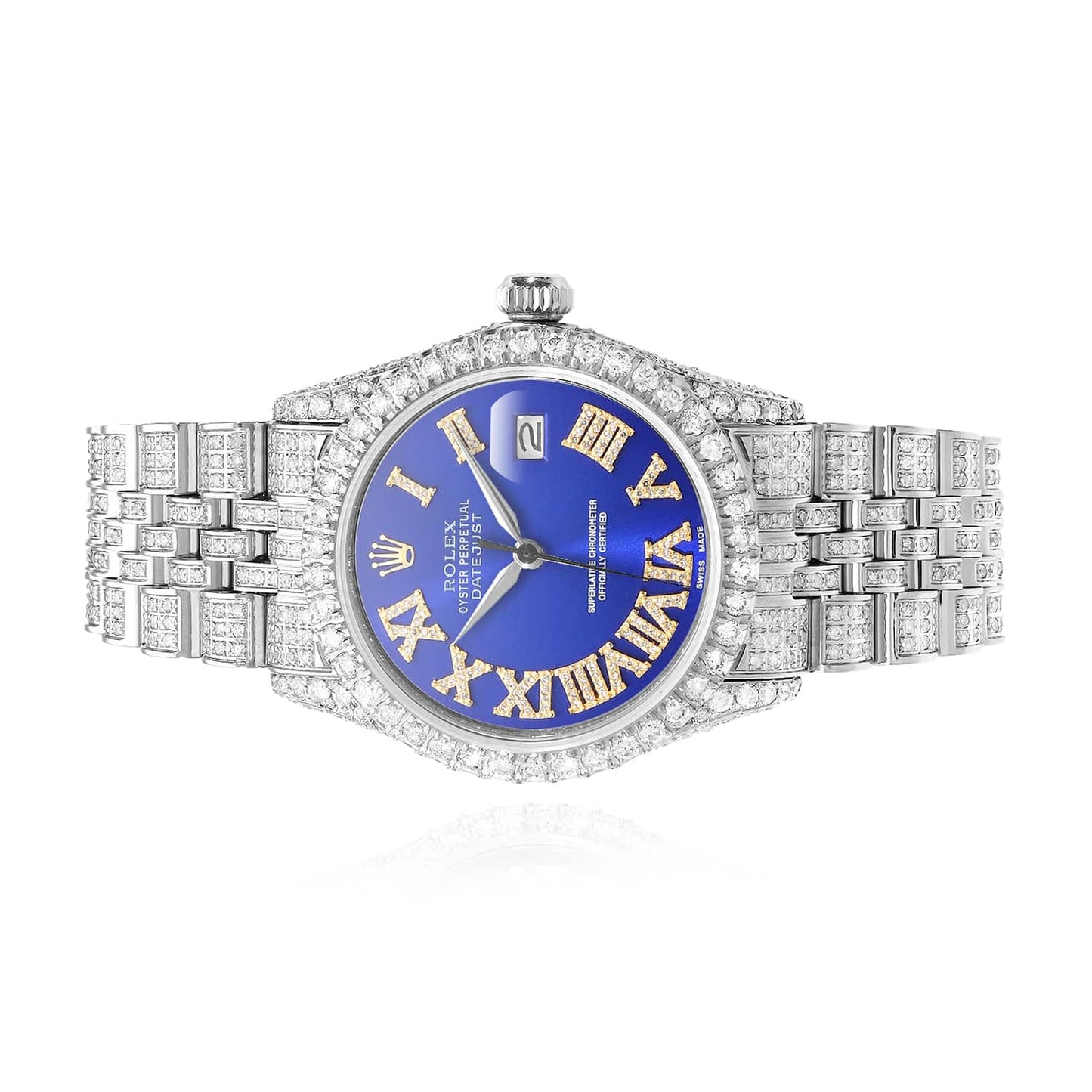 Rolex Datejust Real Diamond Pave Jubilee Band Bezel Blue Dial 36mm Watch