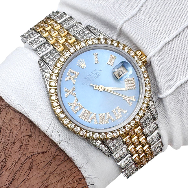 Rolex Datejust Custom Iced Sky Blue Roman Diamond Dial Jubilee Band 36mm Watch