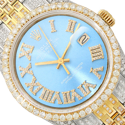Rolex Datejust Custom Iced Sky Blue Roman Diamond Dial Jubilee Band 36mm Watch