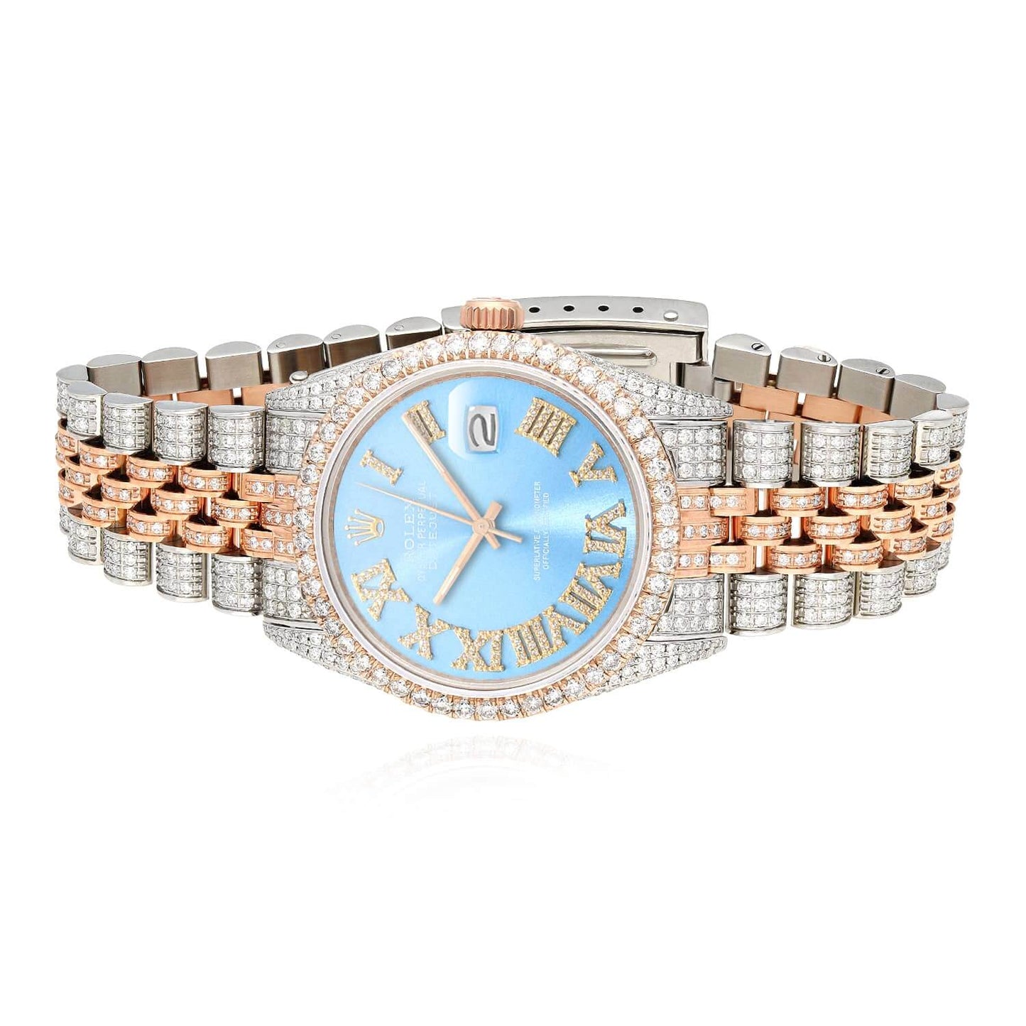 Rolex Datejust Real Diamond Stainless Steel White Rose Sky Blue Watch 36mm